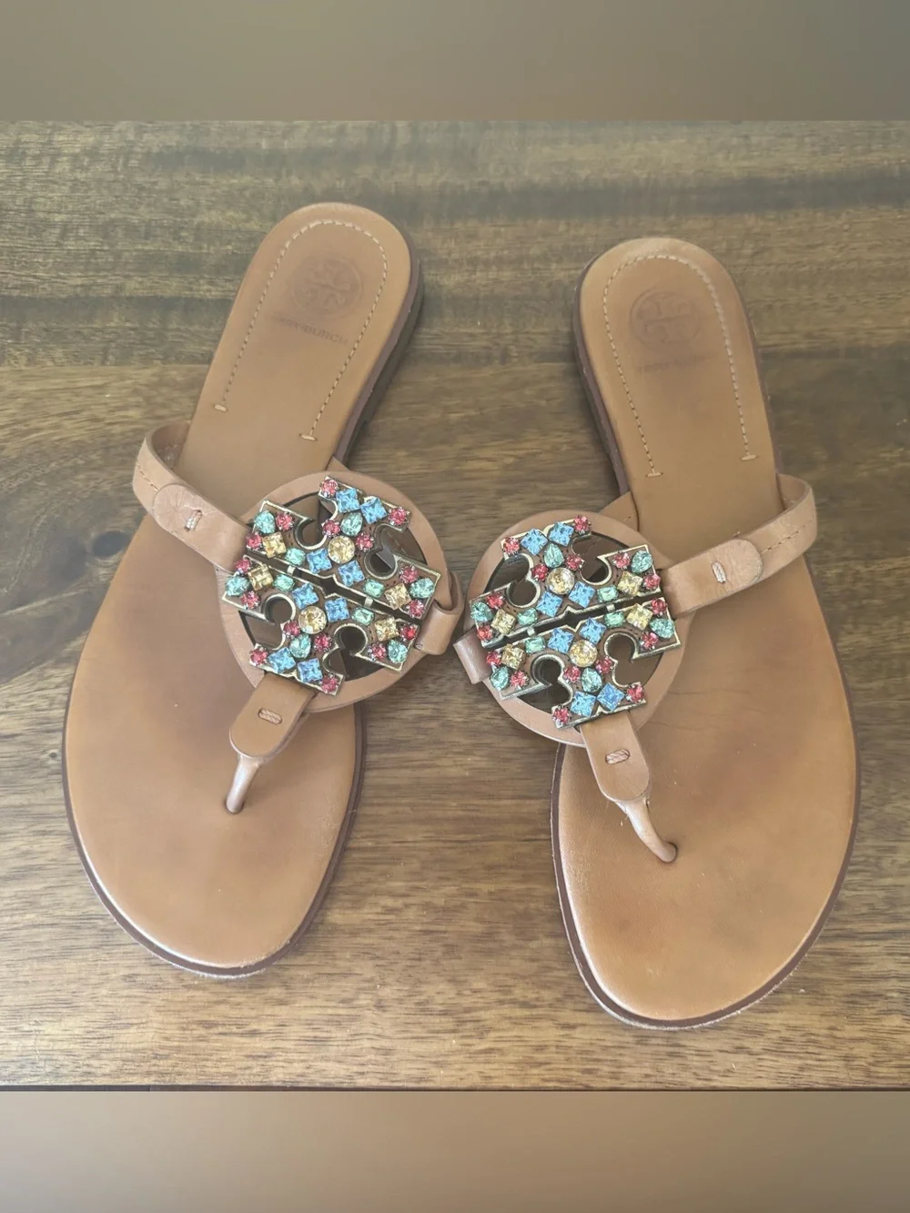 Camel Leather Tory Burch Miller Sandal Crystal Ladies Sandals Flip Flops - 9